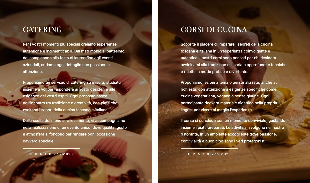 Sezioni catering e corsi di cucina del sito di Alla Pieve con le foto dei piatti