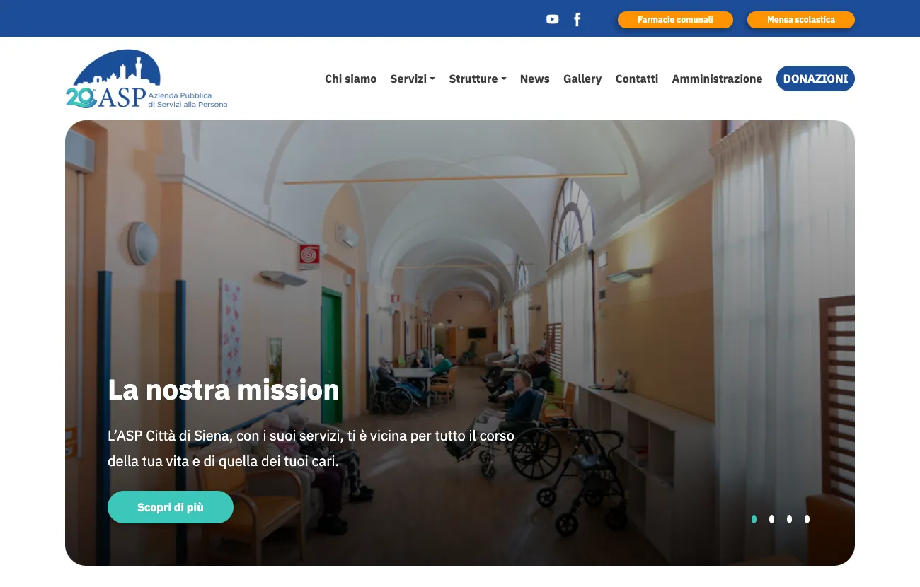Homepage del sito di ASP Città di Siena con barra blu, pulsanti arancioni per farmacie e mensa, menu esteso e slider con angoli arrotondati