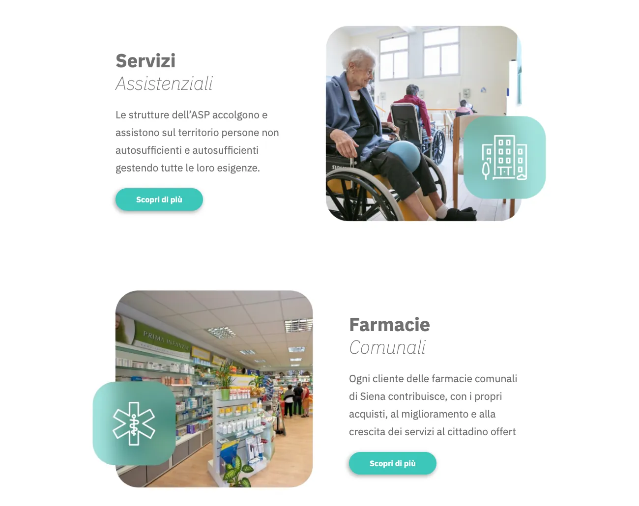 Sezioni Servizi assistenziali e Farmacie comunali del sito di ASP Città di Siena con foto arrotondate e icone su riquadri verde acqua