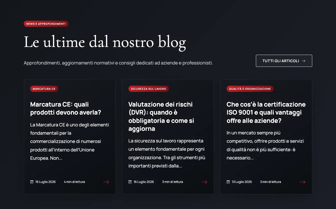 Sezione blog del sito di Koru con gli articoli su marcatura CE, valutazione dei rischi e certificazione ISO 9001