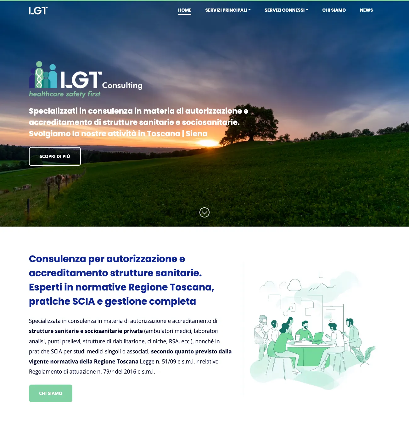 Homepage del sito di LGT Consulting con la foto di un tramonto sulla campagna e la presentazione della consulenza per strutture sanitarie