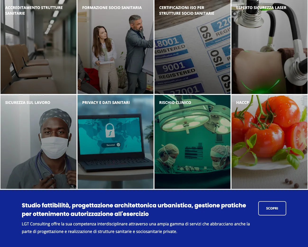 Griglia fotografica dei servizi di LGT Consulting, dall'accreditamento delle strutture sanitarie all'HACCP, con la fascia blu sulla progettazione