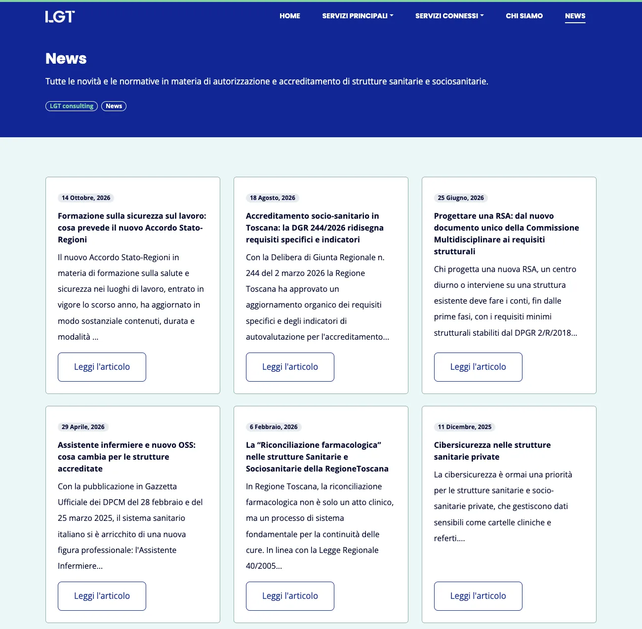 Pagina News del sito di LGT Consulting con le schede degli articoli su normative e accreditamento sanitario in Toscana