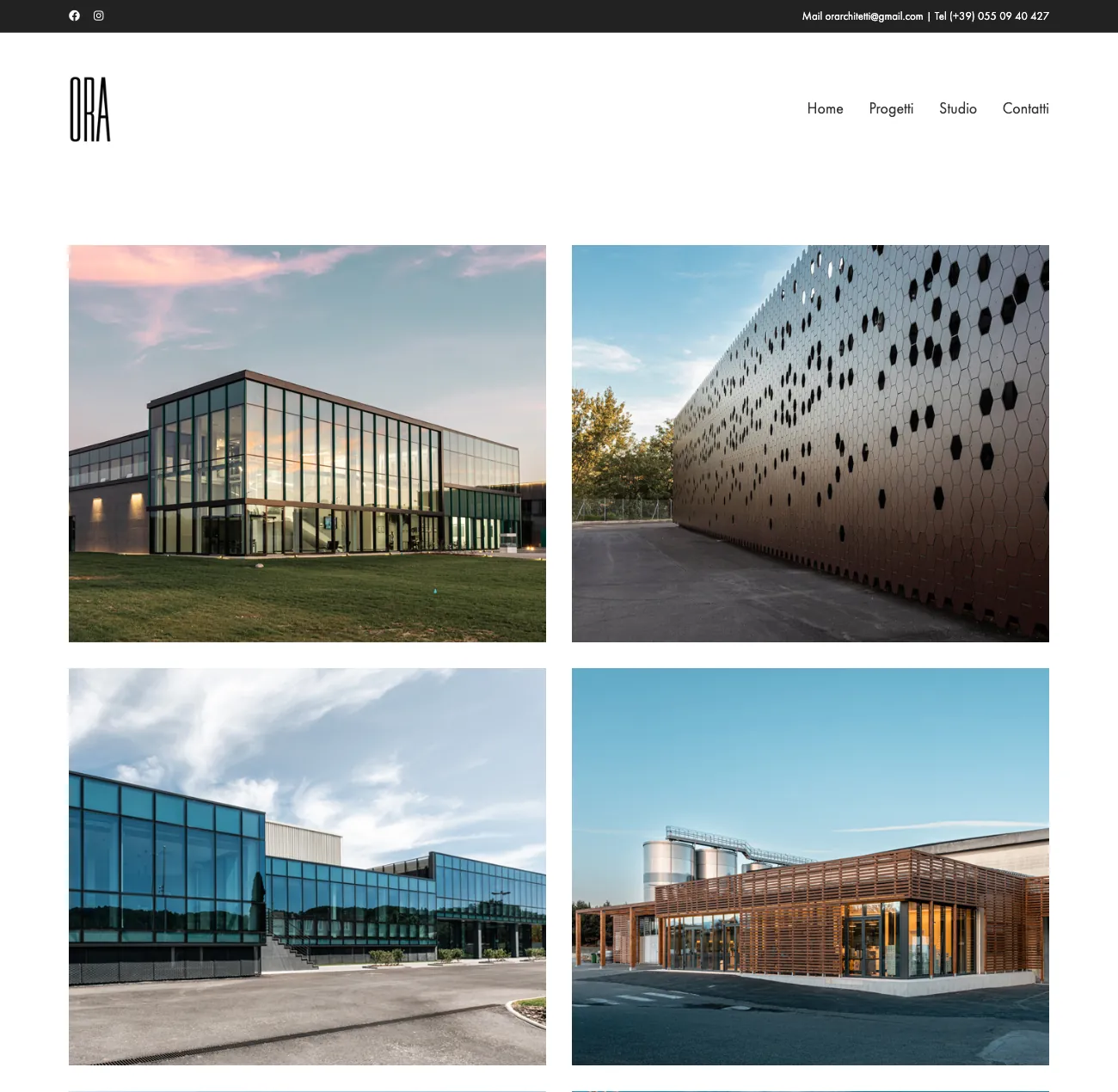 Pagina progetti del sito di ORA architetti con griglia di foto di edifici commerciali in vetro e acciaio corten
