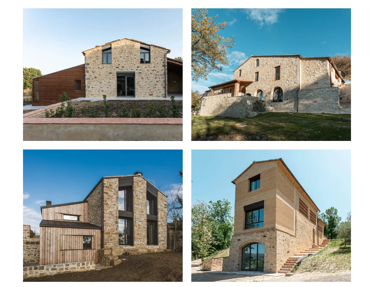 Griglia dei progetti di ORA architetti con case coloniche e casali in pietra ristrutturati