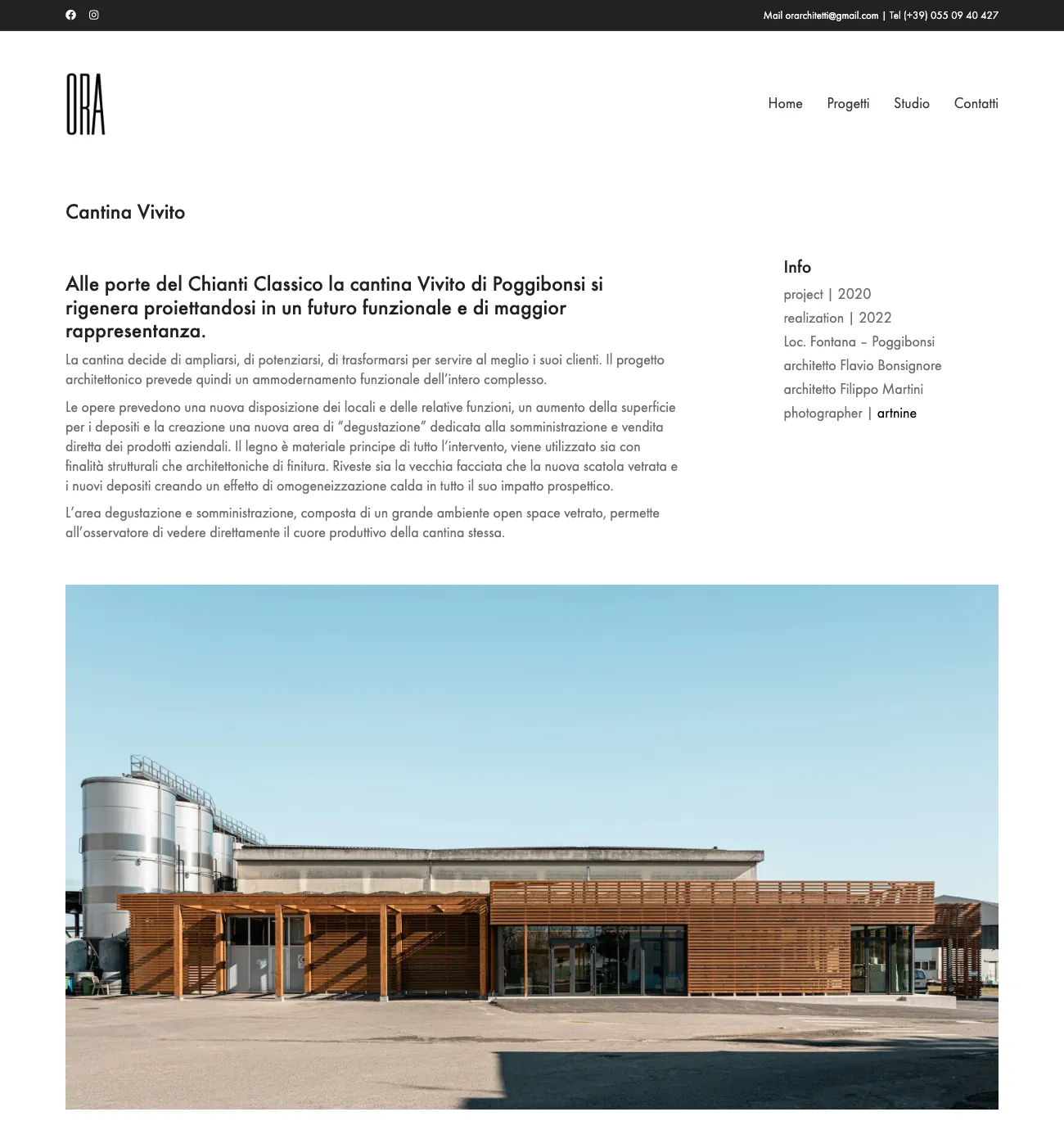 Scheda del progetto Cantina Vivito sul sito di ORA architetti con descrizione, dati del progetto e fotografia