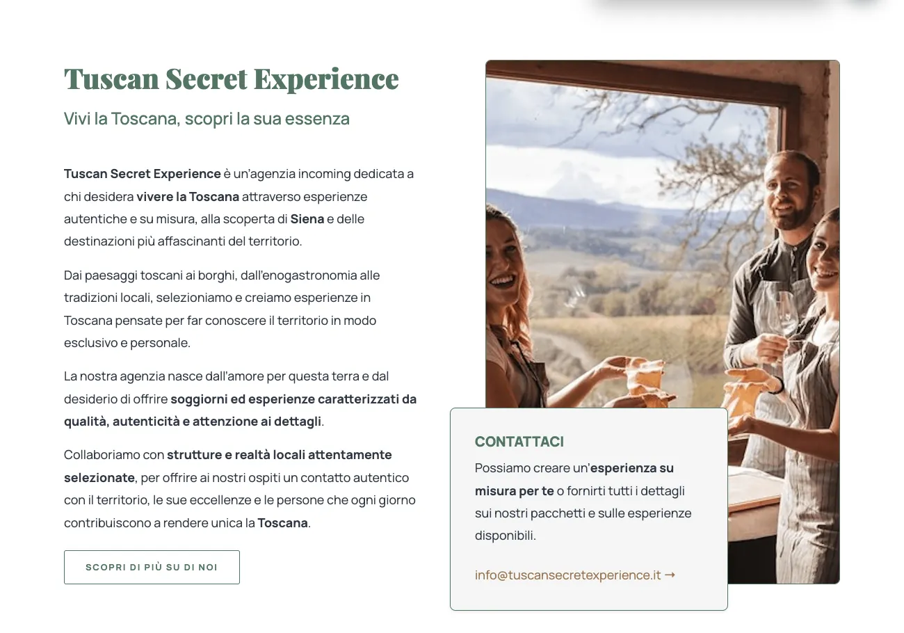 Sezione di presentazione dell'agenzia Tuscan Secret Experience con foto di ospiti a tavola e riquadro contatti