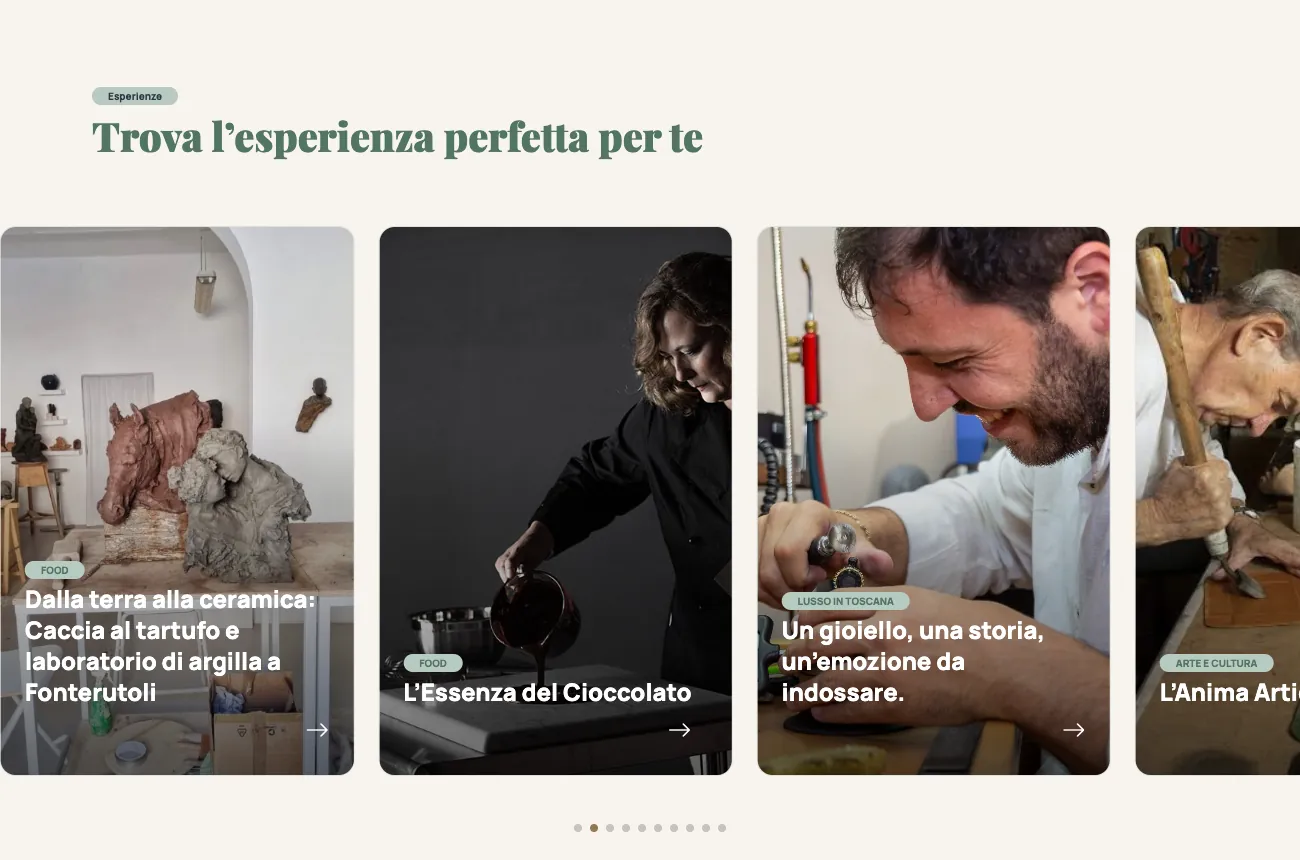 Carosello delle esperienze del sito di Tuscan Secret Experience con caccia al tartufo, cioccolato, gioielli e artigianato