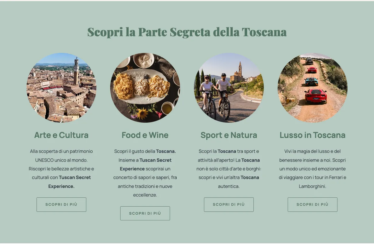 Sezione delle categorie di Tuscan Secret Experience: arte e cultura, food e wine, sport e natura, lusso in Toscana