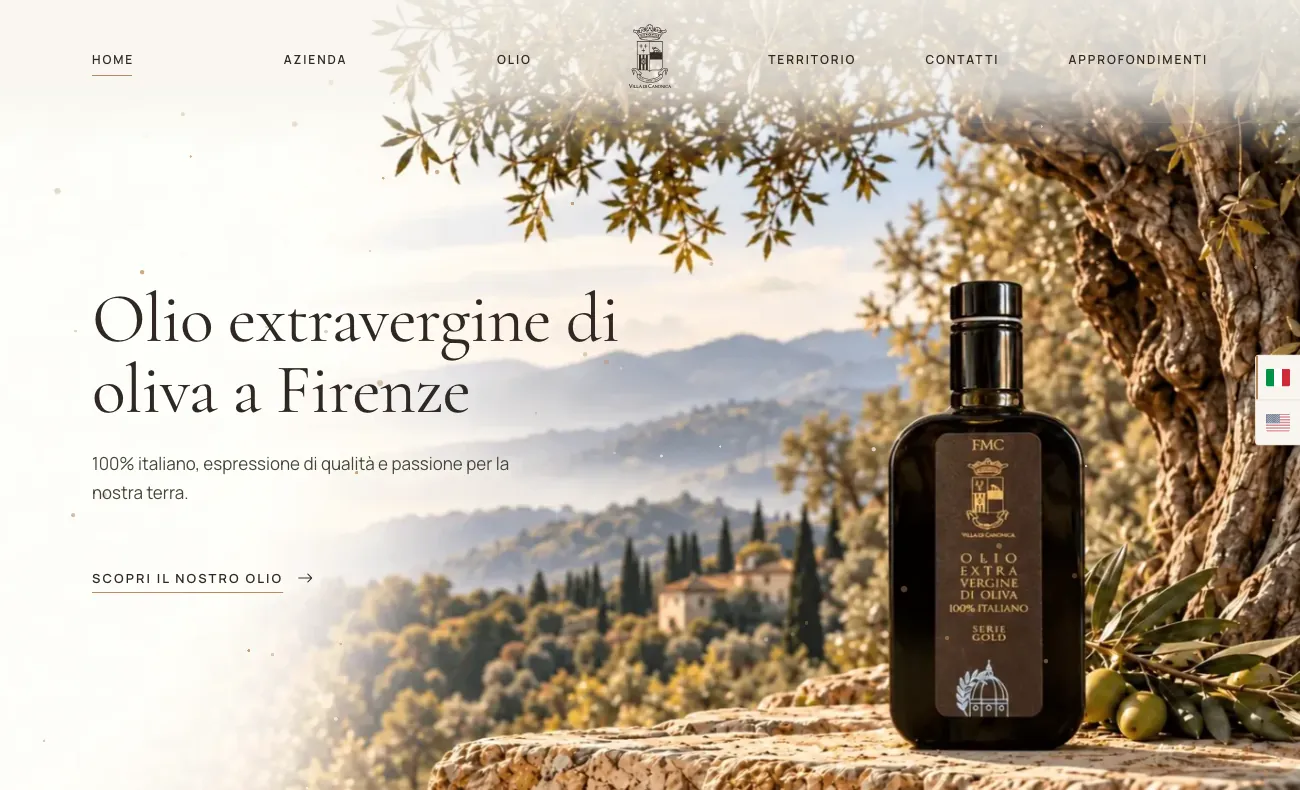 Homepage del sito di Villa di Canonica con menu centrato sul logo e bottiglia di olio extravergine sotto un ulivo secolare