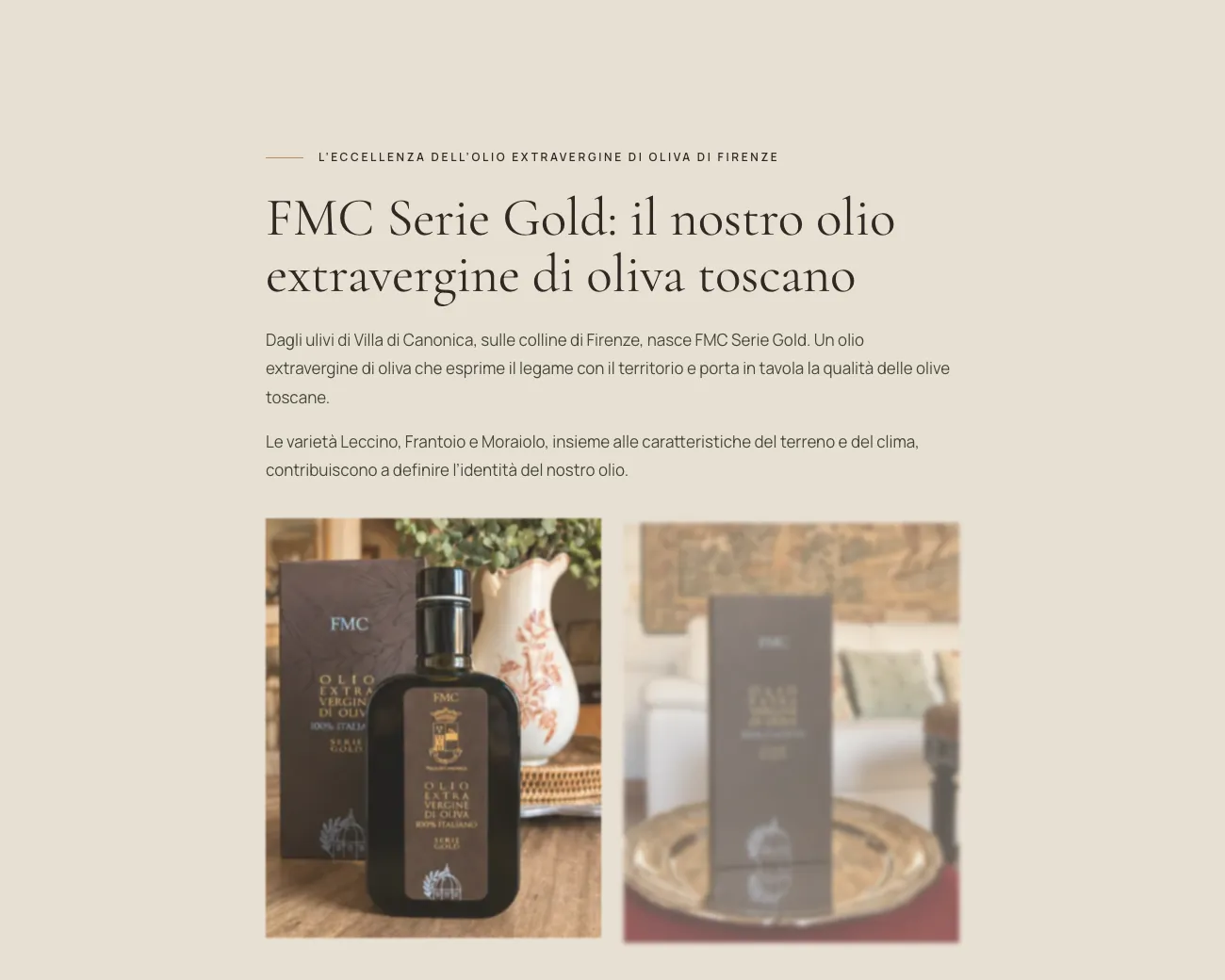 Sezione del sito di Villa di Canonica dedicata all'olio FMC Serie Gold con foto della bottiglia e della confezione