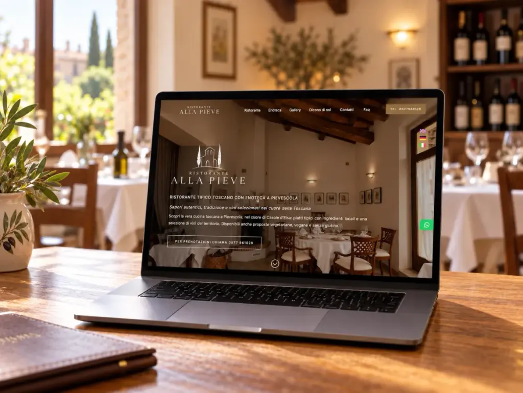 Sito del Ristorante Alla Pieve visualizzato su un portatile appoggiato su un tavolo di legno in una sala del ristorante