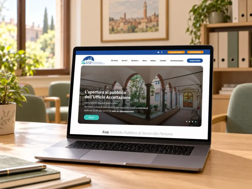 Sito di ASP Città di Siena visualizzato su un portatile appoggiato su una scrivania in un ufficio