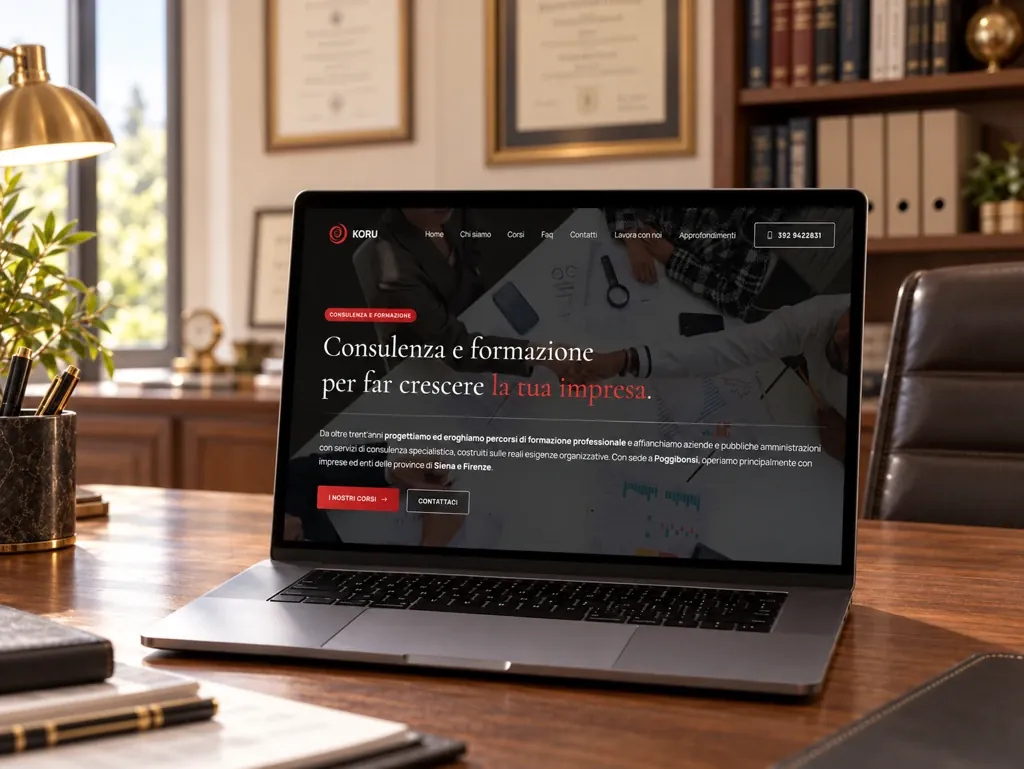 Sito di Koru Consulenza visualizzato su un portatile appoggiato alla scrivania di uno studio professionale