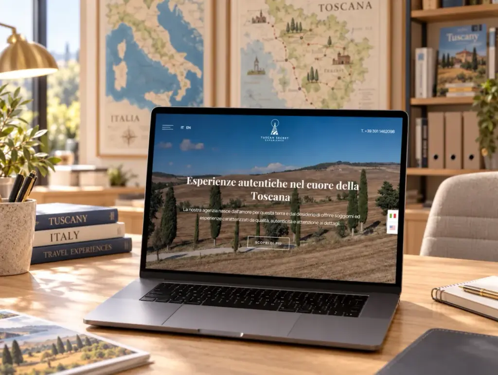 Sito di Tuscan Secret Experience visualizzato su un portatile in uno studio con mappe dell'Italia e della Toscana