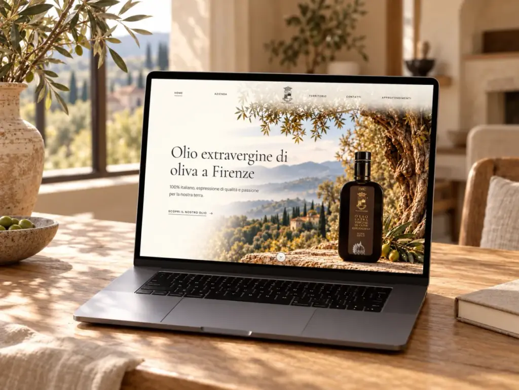 Sito di Villa di Canonica visualizzato su un portatile appoggiato su un tavolo in legno, con vista sulle colline toscane